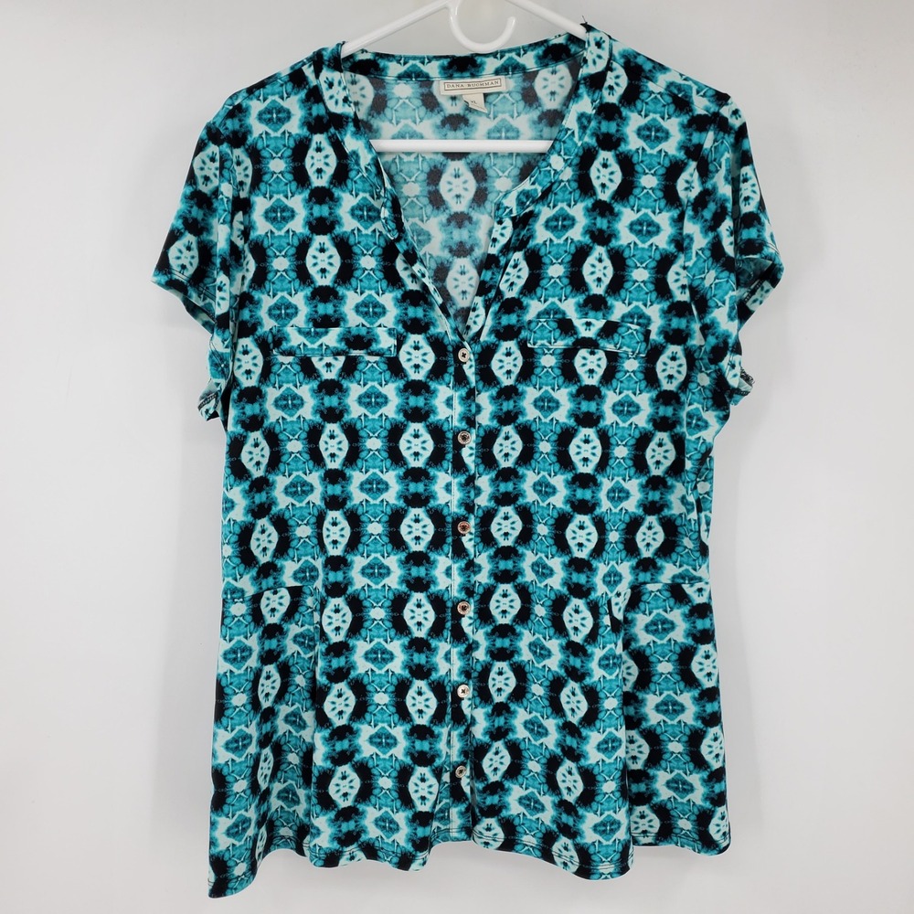 Dana Buchman XL Teal Black Geometric Tie Dye Button Frontโ Top Blouse Career